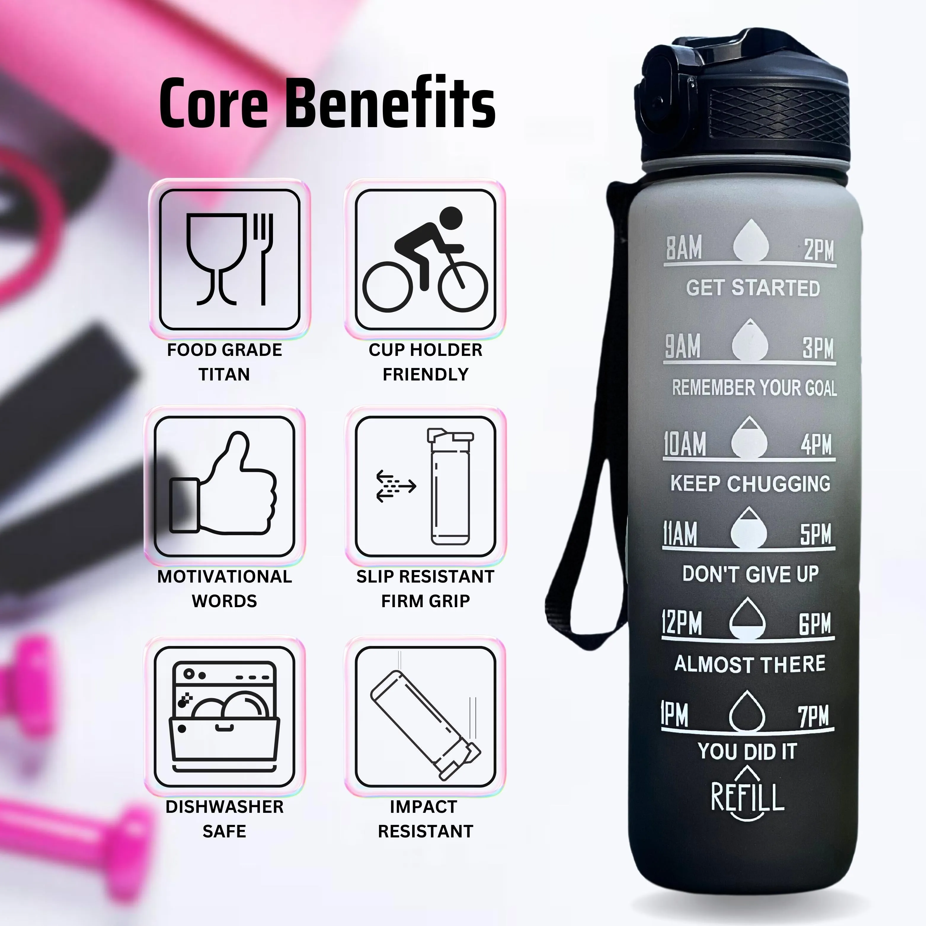 1L Sports Water Bottle with Motivational Time Markers | Leak-Proof, BPA-Free, Easy to Carry for Hydration, Gym, Fitness & Outdoor Activities