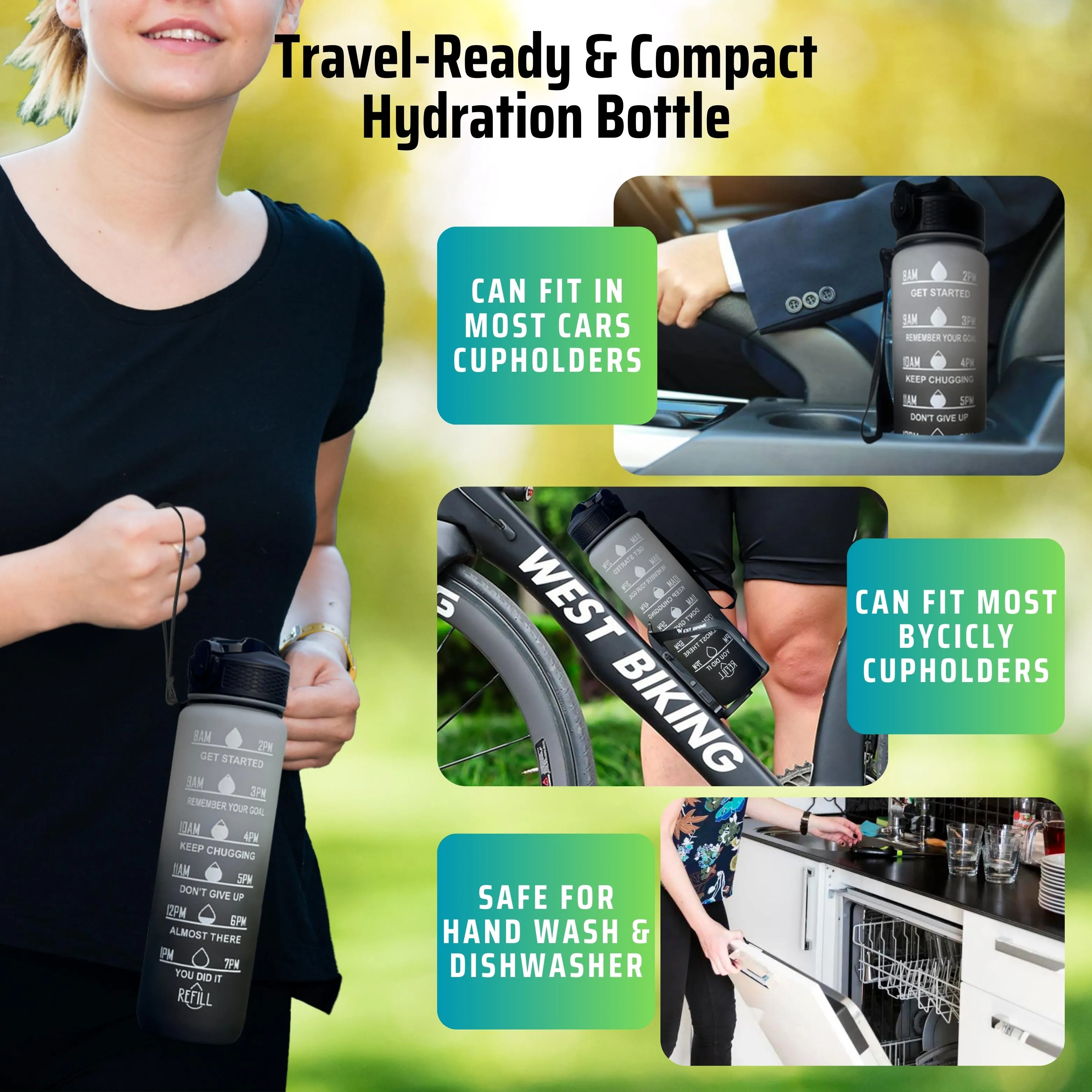 1L Sports Water Bottle with Motivational Time Markers | Leak-Proof, BPA-Free, Easy to Carry for Hydration, Gym, Fitness & Outdoor Activities