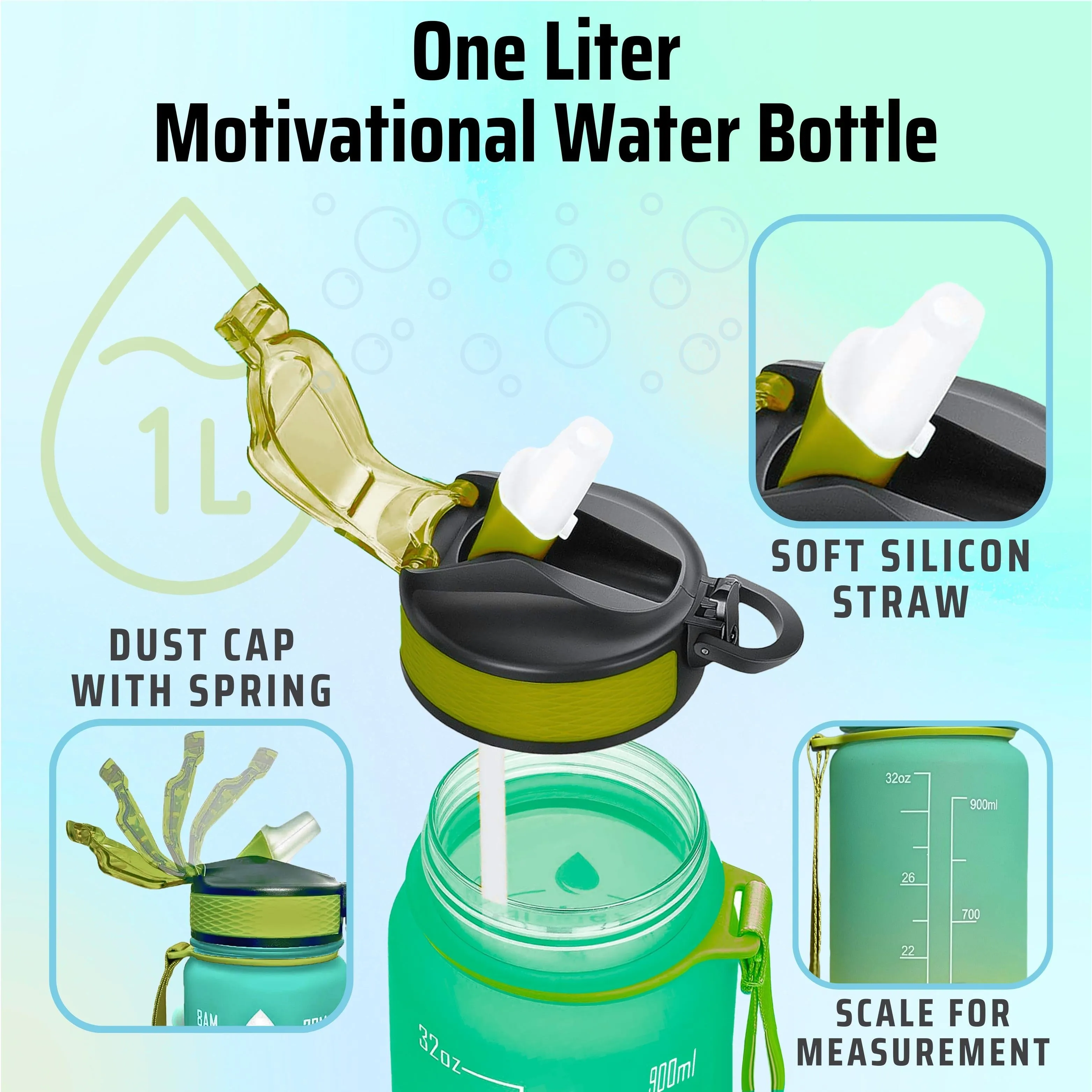 1L Sports Water Bottle with Motivational Time Markers | Leak-Proof, BPA-Free, Easy to Carry for Hydration, Gym, Fitness & Outdoor Activities