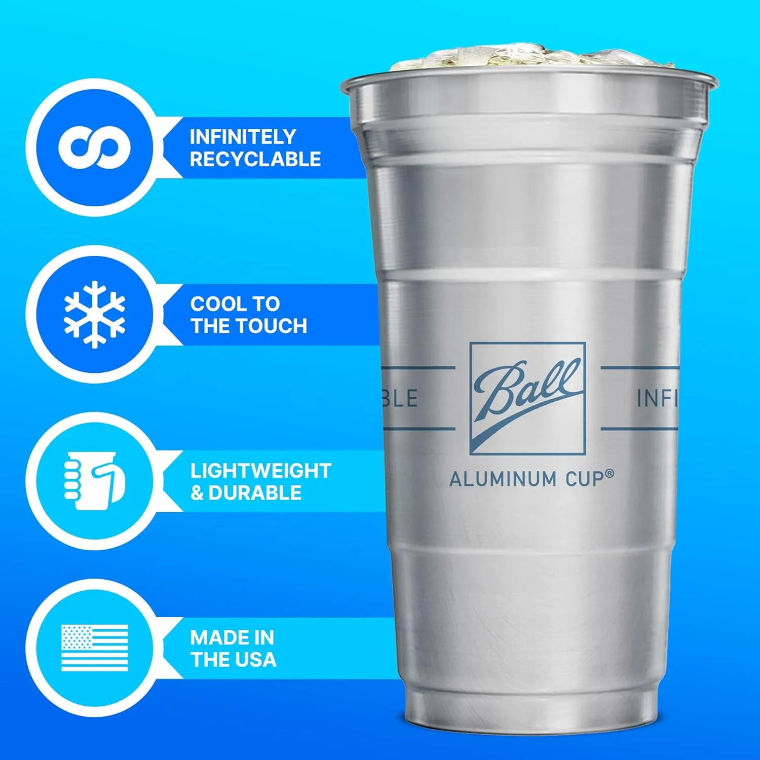 Ball Aluminum Cup Recyclable Party Cups, Ball Logo, 12 oz. Cup, 50 Cups Per Pack