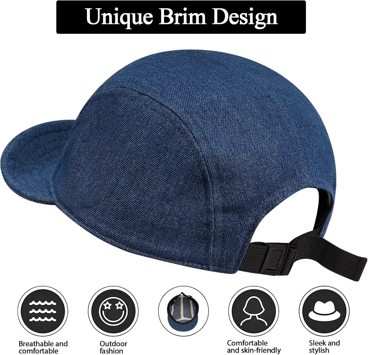 CLAPE Trucker 5 Panel Hat Short Bill Cadet Cap Denim Baseball Hat Unstructured Cotton Dad Hats Snapback Fitted Flat-Bill Cap