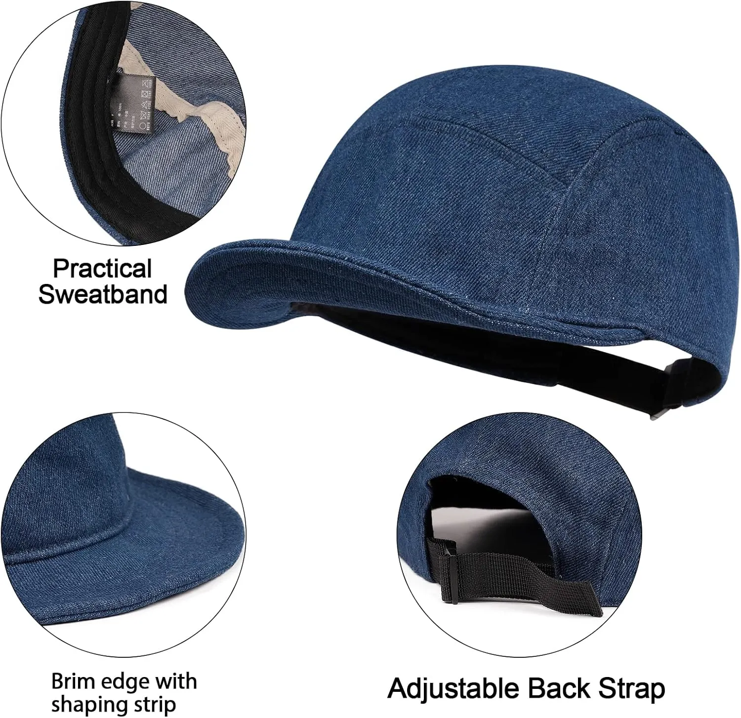 CLAPE Trucker 5 Panel Hat Short Bill Cadet Cap Denim Baseball Hat Unstructured Cotton Dad Hats Snapback Fitted Flat-Bill Cap