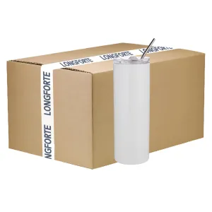 FULL CARTON - 25 x Water Bottles - Slim Stainless Steel - WHITE - 600ml Tumbler with Straw