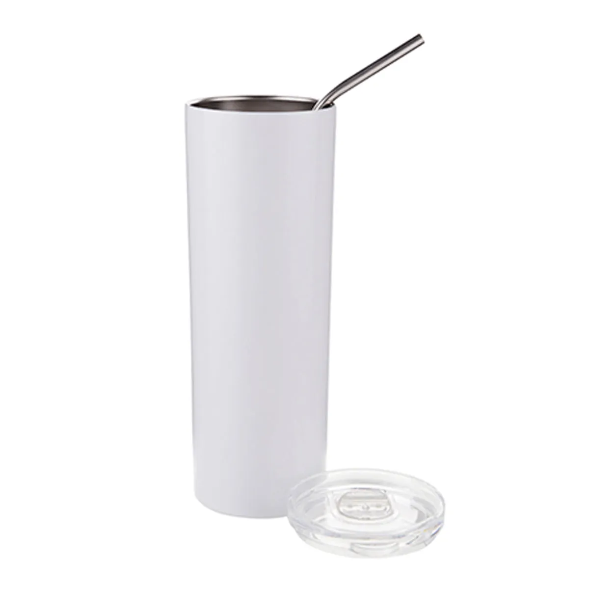 FULL CARTON - 25 x Water Bottles - Slim Stainless Steel - WHITE - 600ml Tumbler with Straw