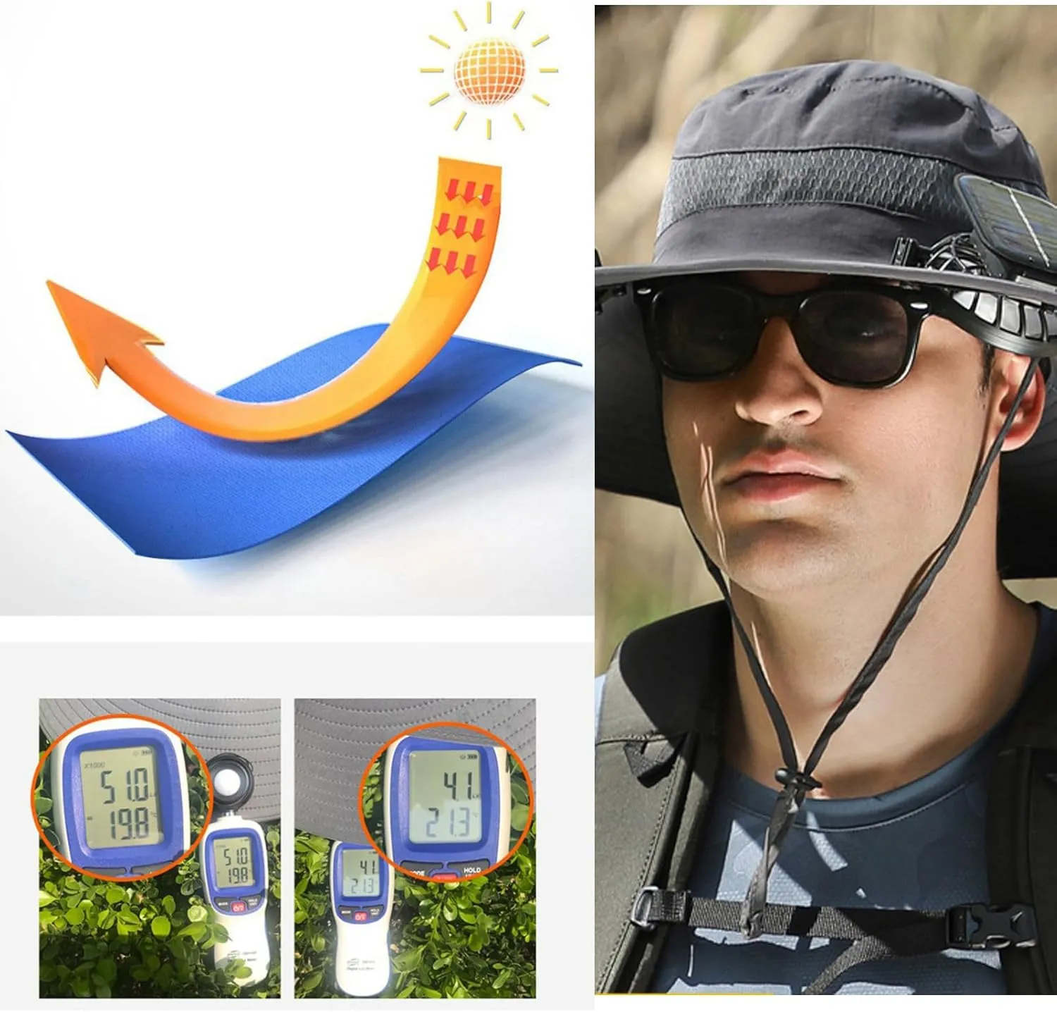 Outdoor Wide Brim Solar Fan Sun Hat for Men and Women With 2 Fans - Fishing Hat