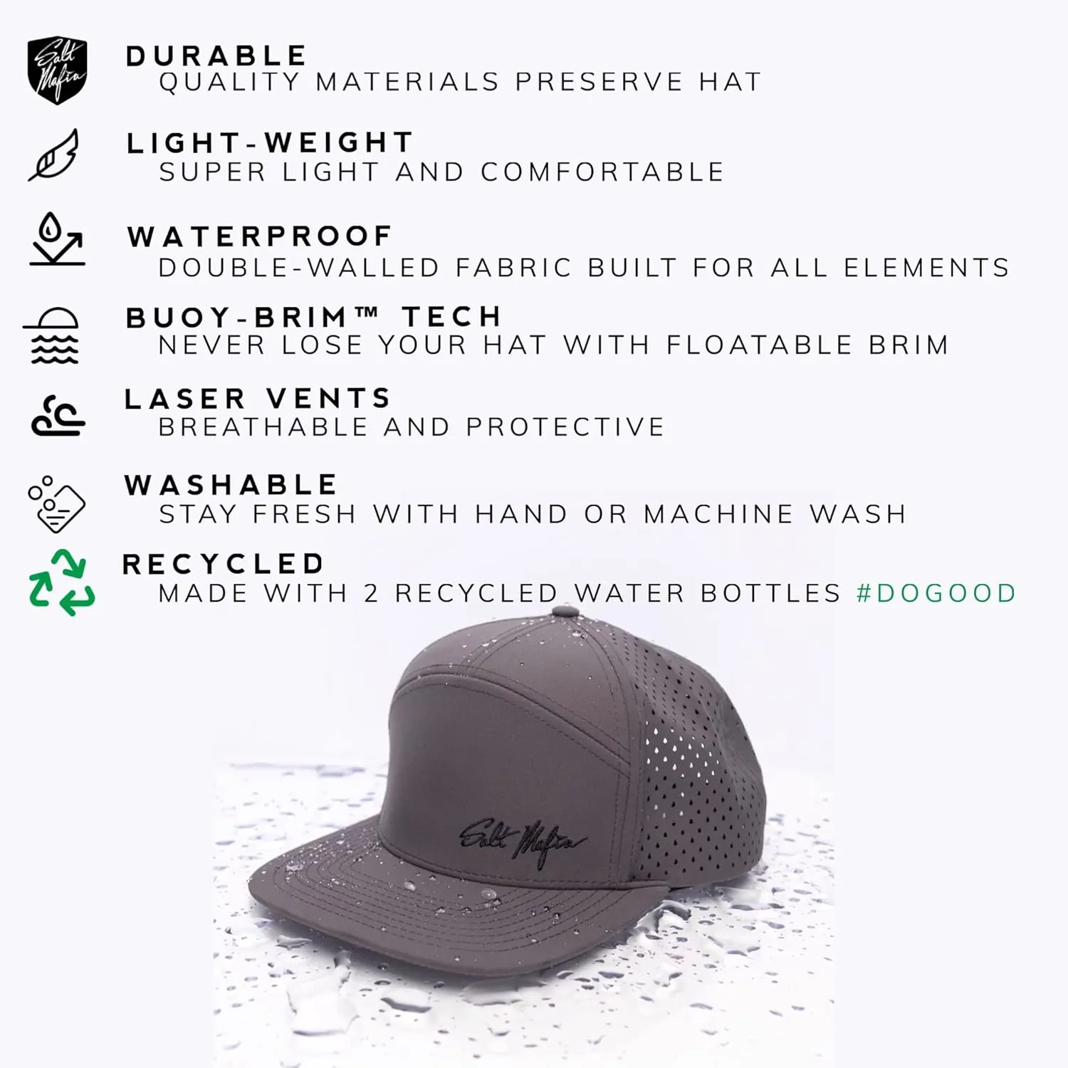 Salt Mafia Hats for Men - Waterproof Hats for Men, 7 Panel Flat Brim Surfer Hat