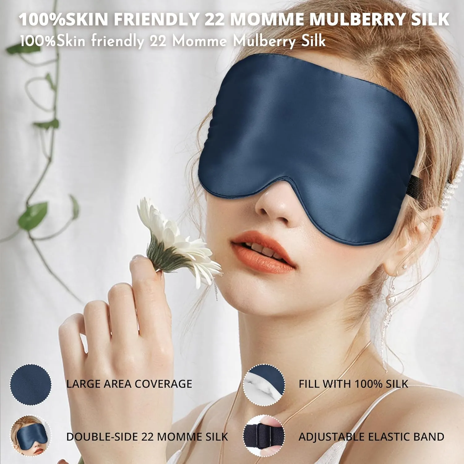 Silk Sleep Mask 100% 22 Momme Mulberry, Sleep Eye Mask for Women Men, Blackout Blindfold with Adjustable Strap, Side Sleeper Eye Cover, Soft Eyeshade Filled with Premium Mulberry Silk (Blue)