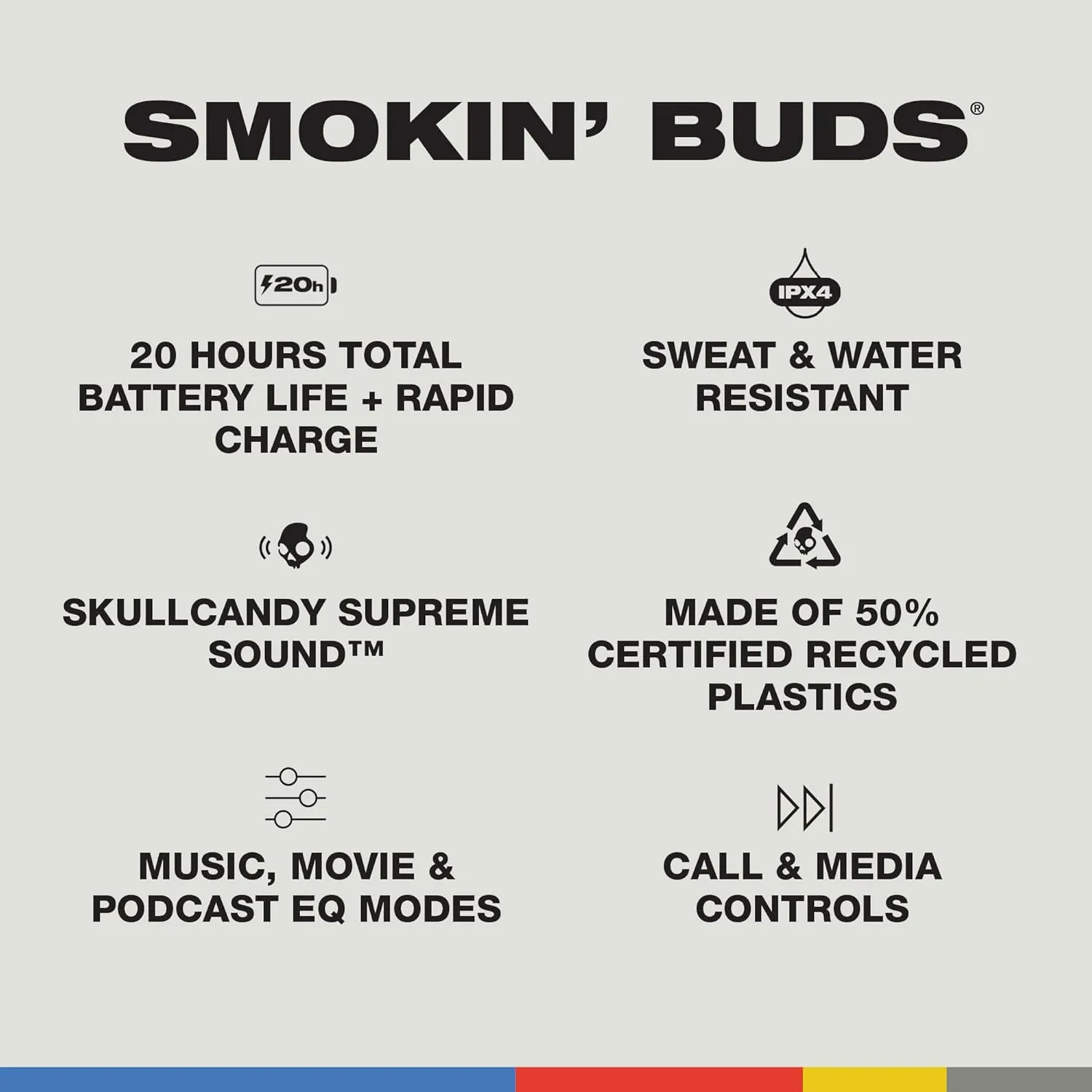 Skullcandy Smokin Buds Wireless Earbuds, Bluetooth Headphones, Noise Isolating Fit, Up to 20 Hours Battery, IPX4 Sweat and Water Resistant, Microphone for iPhone Android - Flame