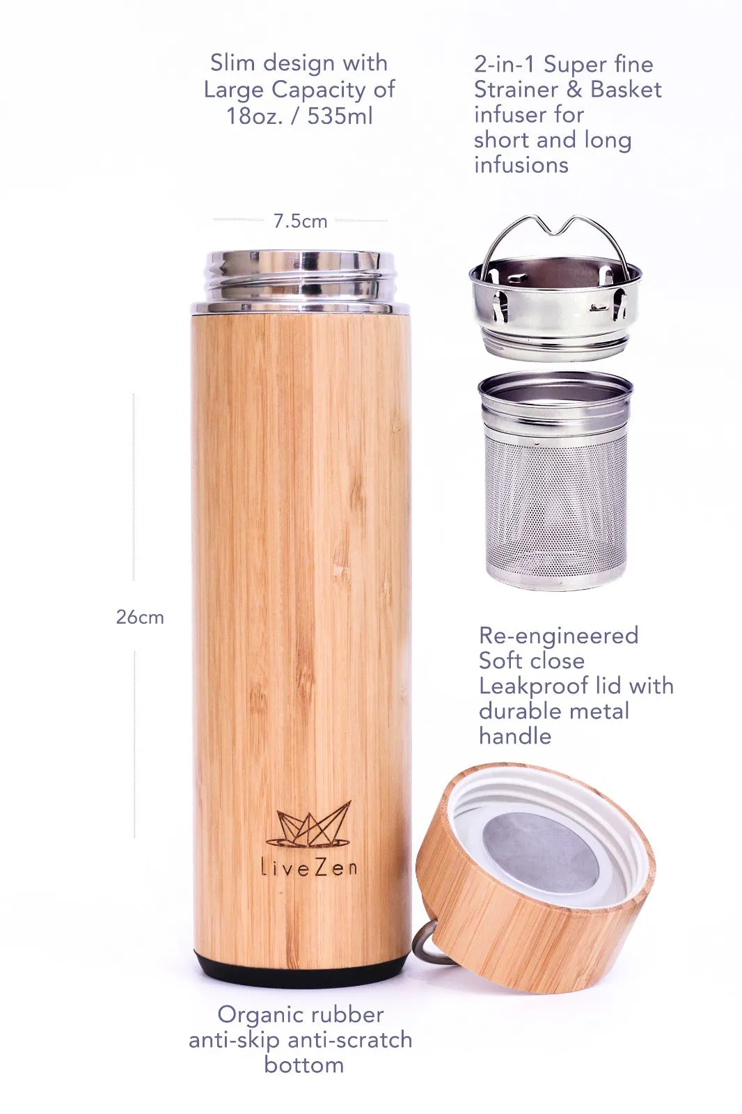 Tea Tumbler Infuser Bamboo Bottle 18 oz