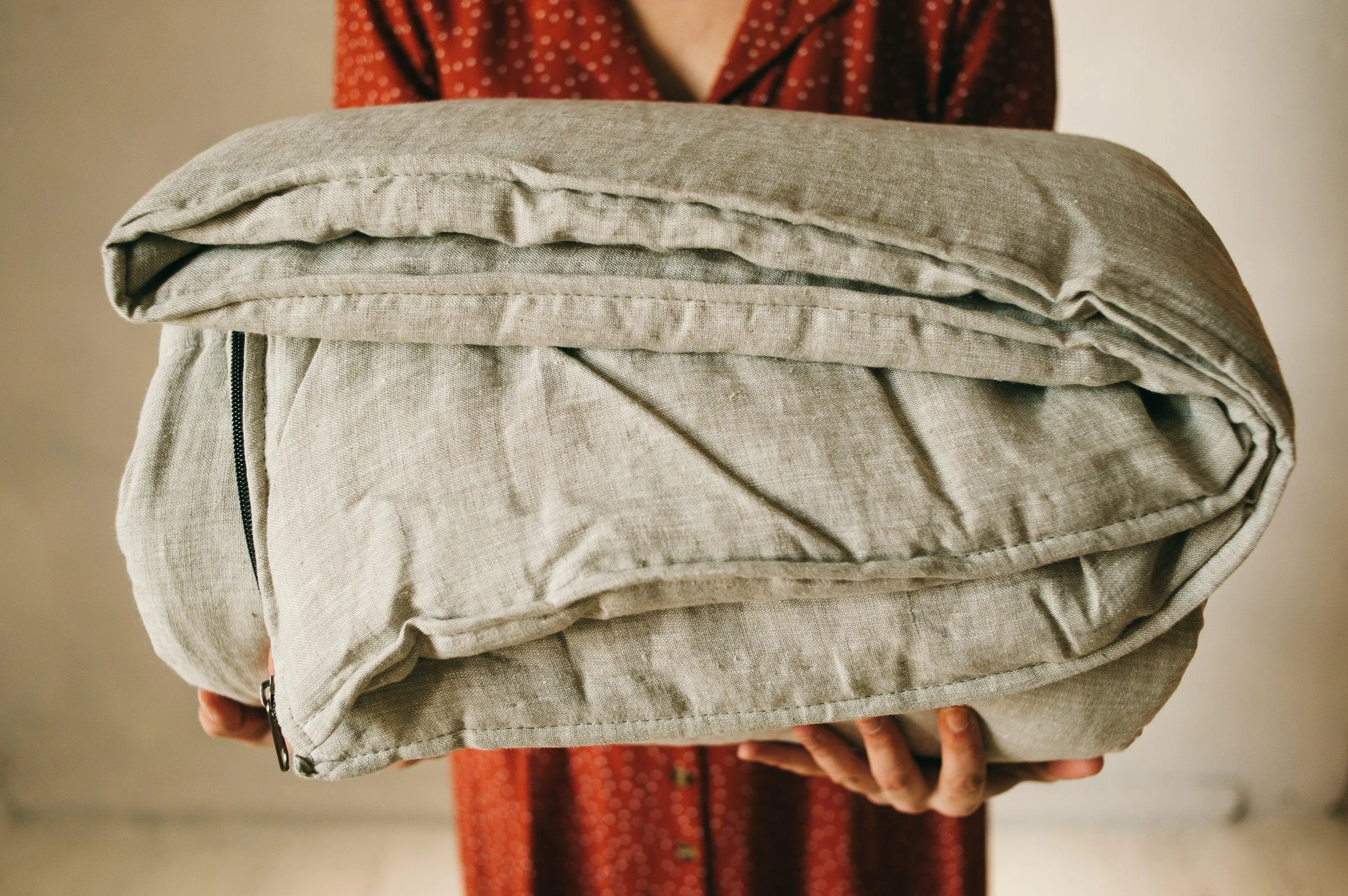 Thick HEMP Sleeping bag in washed linen fabric- organic hemp fiber filling   linen non-dyed fabric - blanket quilt, hand made