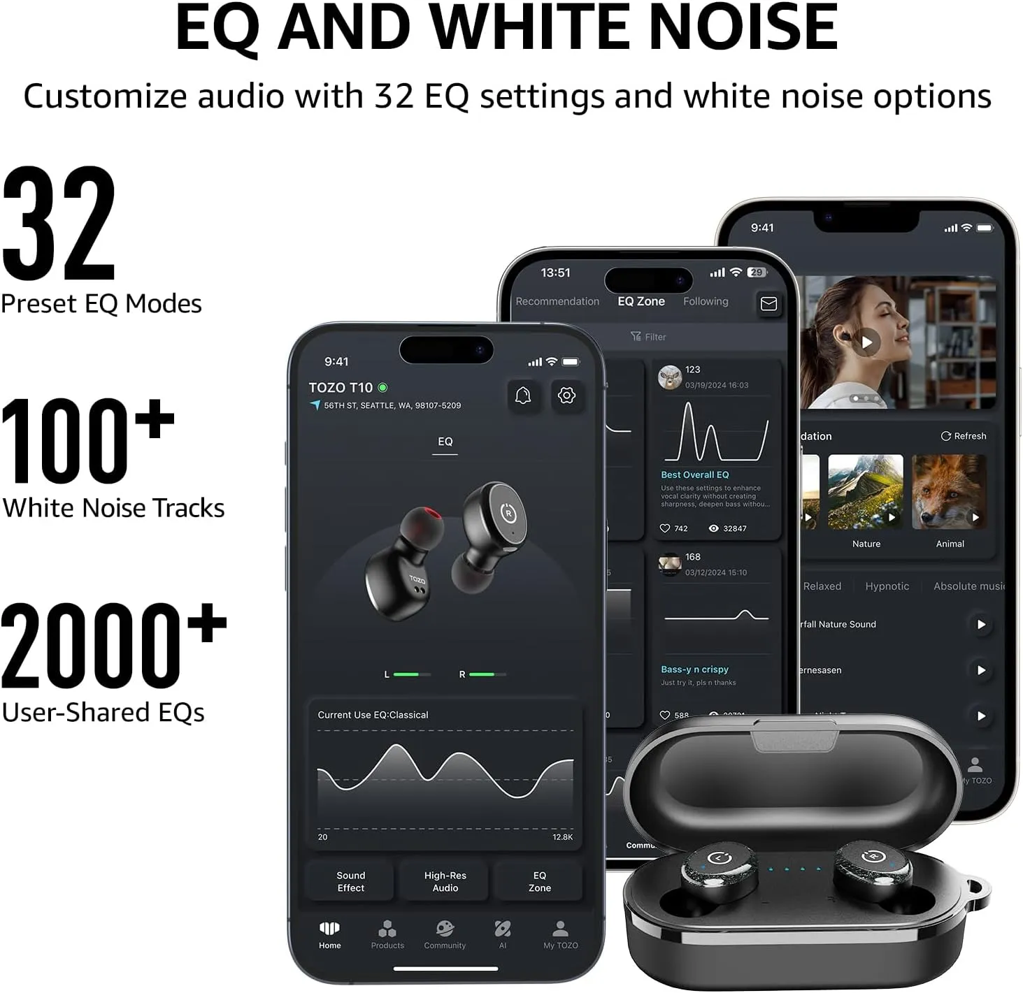 TOZO T10 True Wireless Bluetooth 5.3 Earbuds, 45H Playtime, Wireless Charging Case, IPX8 Waterproof Stereo Headphones in Ear Built in Mic Headset Premium Sound with Deep Bass, 32 Preset EQs via APP