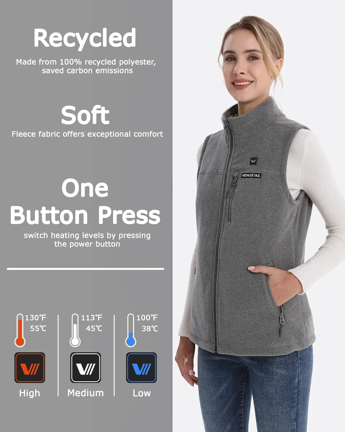 Venustas Women's Heated Fleece Vest with 6 Heating Zones, Ladies' Lightweight Recycled Fleece Electric Vest with Battery