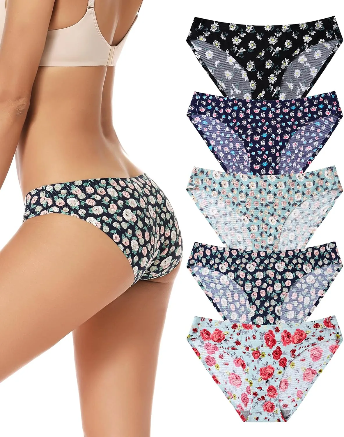 voenxe Women Bikini Underwear,Seamless Breathable Ladies Panties,No Show Comfortable Briefs Undies for Women,Hipster,5-Pack
