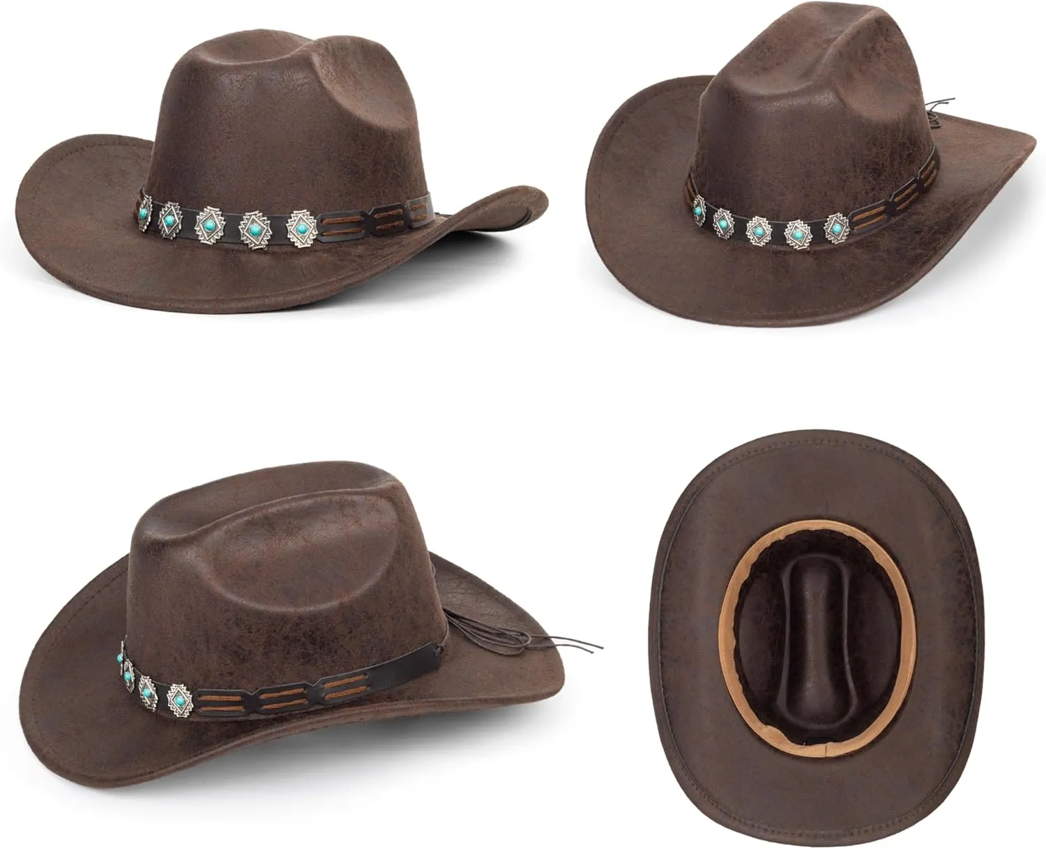 Women Men Vintage Western Cowboy Hats - PU-Leather Wide-Brim Outback Rugged Cowgirl Fedora Hats with Band M