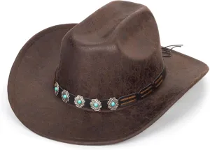 Women Men Vintage Western Cowboy Hats - PU-Leather Wide-Brim Outback Rugged Cowgirl Fedora Hats with Band M