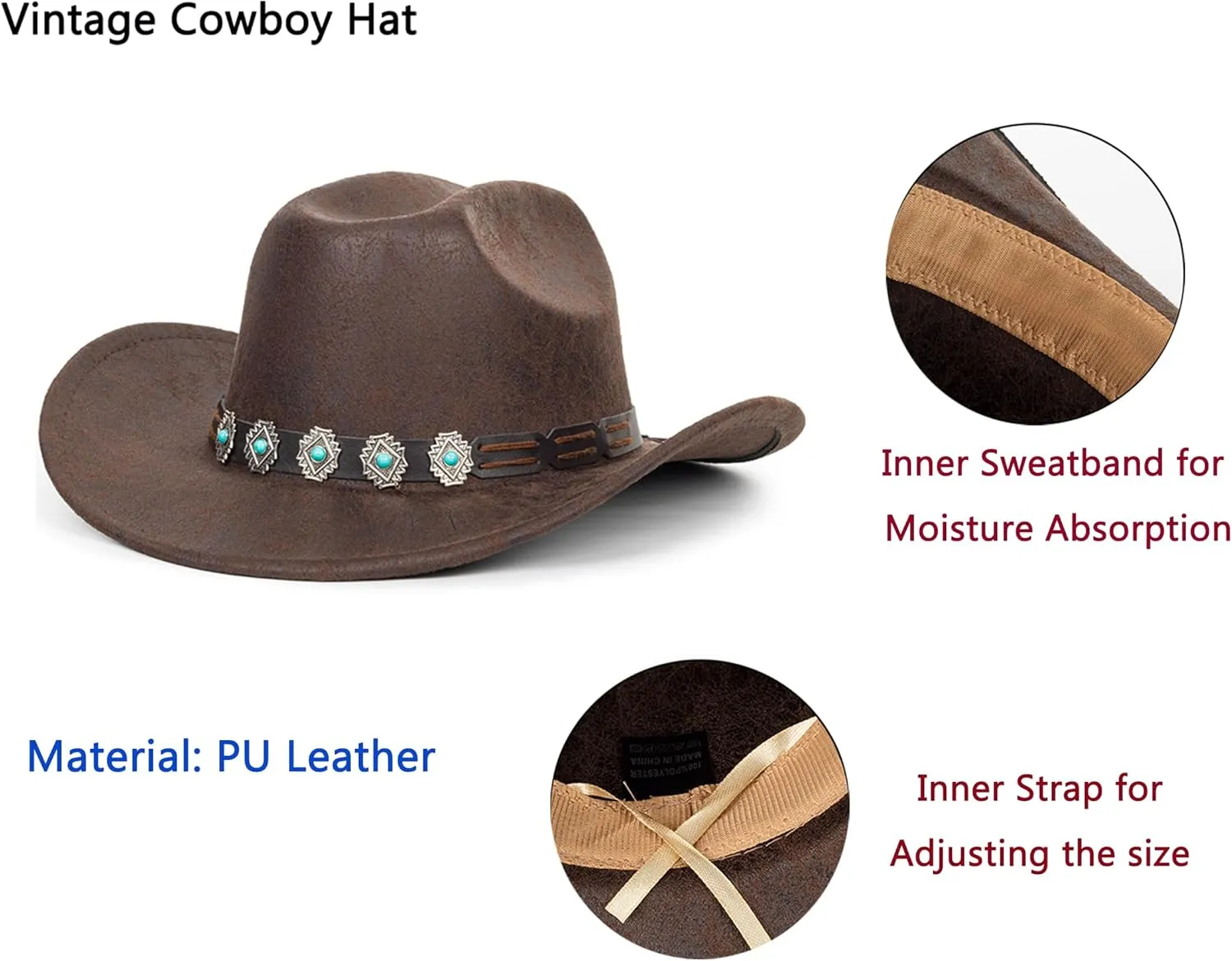 Women Men Vintage Western Cowboy Hats - PU-Leather Wide-Brim Outback Rugged Cowgirl Fedora Hats with Band M