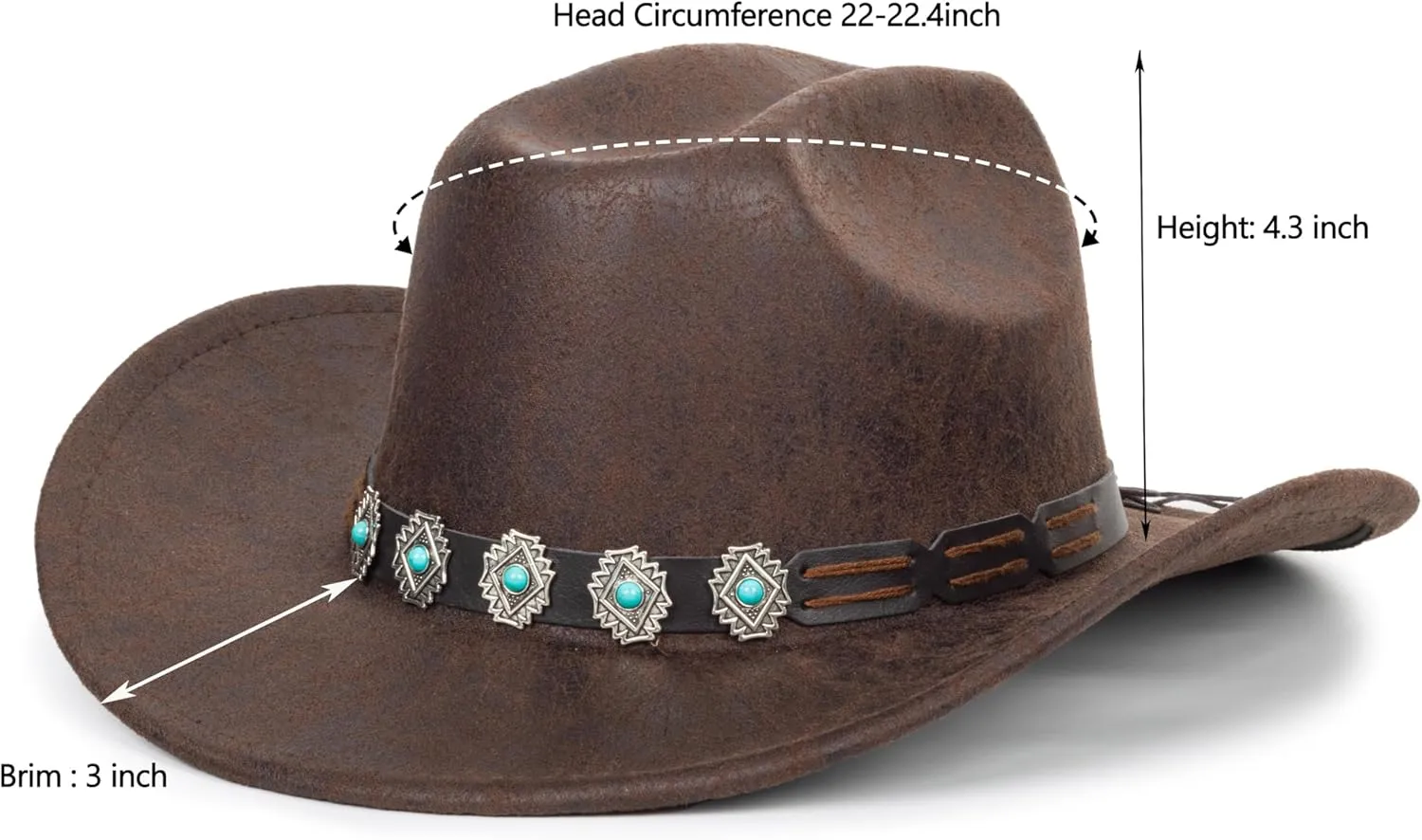Women Men Vintage Western Cowboy Hats - PU-Leather Wide-Brim Outback Rugged Cowgirl Fedora Hats with Band M