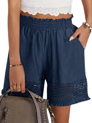 Women's Casual Elastic Waist Yoga Lounge Shorts - Comfy Stretch Lace Trim Summer Beach Linen Ruffle Shorts