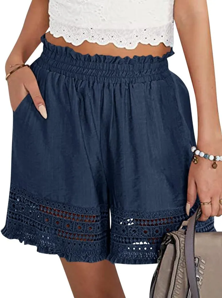 Women's Casual Elastic Waist Yoga Lounge Shorts - Comfy Stretch Lace Trim Summer Beach Linen Ruffle Shorts