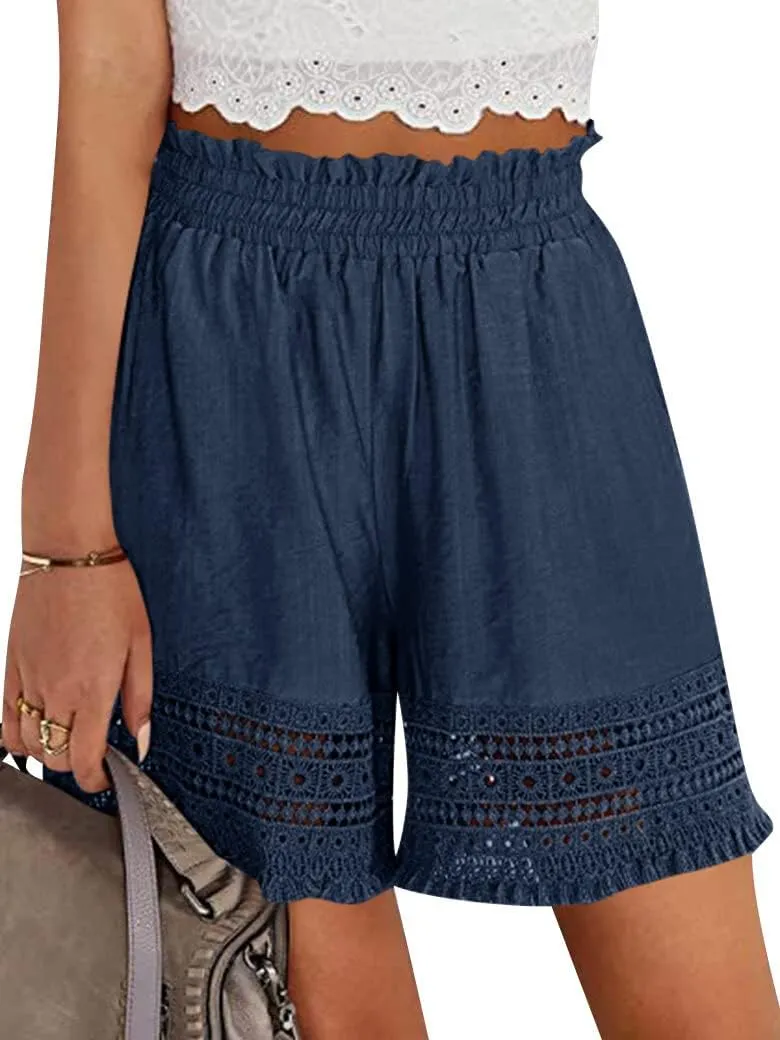 Women's Casual Elastic Waist Yoga Lounge Shorts - Comfy Stretch Lace Trim Summer Beach Linen Ruffle Shorts