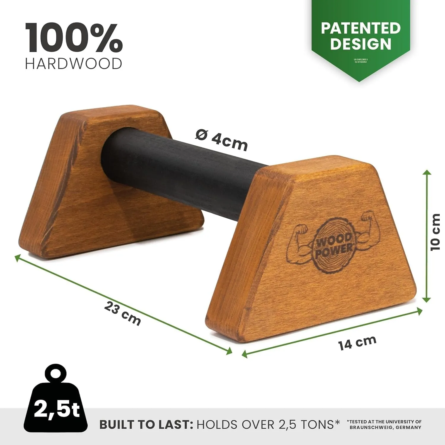 WOODPOWER - PowerBars, Wooden Parallettes Push Up Bars, Joint-Friendly Beech Wood Calisthenics Equipment for Home, Durable Handstand Trainer Push Up Handles for Floors